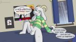  16:9 anthro asriel_dreemurr balls bed bedroom boss_monster bottomless bovid caprine clothed clothing dialogue english_text erection fur furniture genitals green_eyes homestuck horn humanoid_genitalia humanoid_penis male mammal mettaton_ex ms_paint_adventures penis poster presenting presenting_penis rvlis seductive snow solo speech_bubble sweater text topwear undertale video_games vinesauce webcomic white_body white_fur widescreen window 