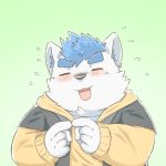  1:1 2020 anthro blue_hair blush bodily_fluids canid canine clothing eyes_closed fangs flying_sweatdrops fur green_background hair hoodie humanoid_hands inner_ear_fluff kemono male mammal noichi_53 open_mouth overweight overweight_anthro overweight_male simple_background solo sweat sweatdrop tongue topwear tuft white_body white_fur 