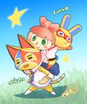  1boy 2girls animal_crossing animal_ears arm_up artist_name bangs bare_shoulders barefoot belt blue_background blue_dress blue_eyes blue_neckwear blue_outline blue_sky blunt_bangs blush blush_stickers boots bottomless bow brown_footwear bunny_ears bunny_tail carrying cat_boy cat_ears cat_tail closed_eyes closed_mouth commentary_request day domino_mask dress full_body furry gradient gradient_background gradient_sky grass green_eyes hair_bow happy highres hug hug_from_behind kanzaki_akira_(akk9s) leaning_forward legs_apart long_sleeves looking_at_another looking_down mask mira_(animal_crossing) multiple_girls necktie off_shoulder open_mouth outdoors outline pantyhose piggyback pinafore_dress pink_bow pink_hair pink_shirt rabbit_girl red_legwear shirt short_hair sideways_mouth signature sky sleeveless sleeveless_shirt smile standing star_(symbol) stinky_(animal_crossing) tail villager_(animal_crossing) white_shirt 