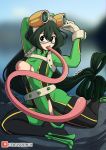  1girl arms_up artist_name asui_tsuyu bangs black_eyes blurry blurry_background blush bodysuit boku_no_hero_academia boots breasts breasts_outside collarbone commentary frog_girl gloves goggles goggles_on_head green_bodysuit green_eyes green_hair hair_between_eyes hair_rings highres kinkymation large_breasts long_hair long_tongue looking_at_viewer low-tied_long_hair nipples open_mouth sitting solo stone thigh_boots thighhighs tongue tongue_out torn_clothes very_long_hair watermark web_address white_gloves 