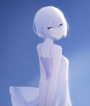  1girl arms_behind_back bare_arms bare_shoulders blue_background blue_eyes closed_mouth dress from_behind highres looking_at_viewer looking_back migihidari_(puwako) original solo standing sundress white_dress white_hair 