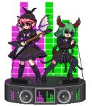 2girls alternate_costume animal_ears bangs bird_wings black_dress black_footwear black_headwear black_legwear boots cable choujuu_gigaku dog_ears dog_tail dress ears_up electric_guitar english_commentary eyebrows_visible_through_hair fang feathered_wings full_body green_hair guitar hands_up hat holding holding_instrument holding_microphone instrument juliet_sleeves kasodani_kyouko knee_boots loafers long_sleeves loudspeaker lowres microphone mob_cap multiple_girls music mystia_lorelei open_mouth pink_hair pixel_art playing_instrument pocket podium puffy_sleeves shoes short_hair sidelocks singing sunglasses tail the_hammer thighhighs touhou transparent_background white_wings winged_hat wings zettai_ryouiki 