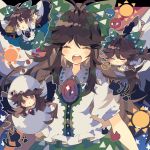  2girls arms_up black_wings blush bow brown_eyes brown_hair cape chibi closed_eyes commentary_request control_rod egg eggshell eggshell_hat eyes feathered_wings green_bow green_skirt hair_bow hatching highres kaenbyou_rin kaenbyou_rin_(cat) long_hair multiple_girls multiple_tails multiple_views nikorashi-ka open_mouth outstretched_arms paw_print puffy_short_sleeves puffy_sleeves reiuji_utsuho shirt short_sleeves skirt smile star_(symbol) star_print sun_(symbol) tail third_eye touhou triangle_mouth two_tails white_cape white_shirt wings 