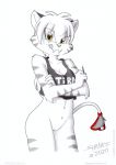  anthro bottomless breasts clothed clothing felid feline felis female genitals licking licking_lips machairodontine mammal no_underwear pantherine pinup pose pussy shirt smile solo tank_top tiger tira tirashanks_(artist) tongue tongue_out toony topwear 