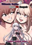  1boy 2girls artist_name bangs bare_shoulders bear_hair_ornament black_footwear black_gloves black_ribbon blonde_hair boots braid breasts brown_eyes brown_hair character_name cheek-to-cheek clenched_teeth collarbone commentary cover cover_page danganronpa danganronpa_1 english_text enoshima_junko eyebrows_visible_through_hair gloves grin hair_ornament hair_ribbon hand_up heart heart-shaped_pupils highres kinkymation kirigiri_kyouko large_breasts long_hair looking_at_another looking_at_viewer multiple_girls naegi_makoto nipples nude open_mouth parted_lips ribbon short_hair single_braid smile symbol-shaped_pupils teeth tongue twintails white_hair 