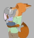  2020 anthro anthro_on_anthro canid canine carrying color_edit colored disney duo edit eyes_closed female fox fur grey_background grey_body grey_fur hi_res judy_hopps kissing lagomorph leporid male male/female mammal nick_wilde orange_body orange_fur rabbit red_fox s1m simple_background standing zootopia 