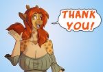  2019 5_fingers anthro big_breasts blue_background breasts cleavage clothed clothing conditional_dnp ear_piercing ear_ring english_text female fingers fur giraffe giraffid hair horn kadath long_hair long_neck mammal ossicone piercing puzzle_(kadath) red_hair simple_background smile solo speech_bubble spots spotted_body spotted_fur text topwear waving_hand yellow_body yellow_eyes yellow_fur 