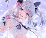  bandage bandaid bicolored_eyes bow breasts byulzzimon close clouds cropped gray_hair original ribbons school_uniform see_through short_hair sky torn_clothes twintails 