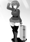  1girl bangs belt boots breasts briefcase commentary dress_shirt epaulettes full_body girls_und_panzer greyscale highres jacket knee_boots large_breasts long_sleeves looking_to_the_side military military_uniform miniskirt monochrome necktie niedersachsen_military_uniform nishizumi_maho open_mouth pleated_skirt shading_eyes shadow shanaharuhi shirt short_hair skindentation skirt solo thighhighs uniform wing_collar zipper 