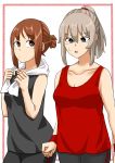  2girls absurdres alternate_hairstyle bangs black_shirt black_shorts blue_eyes border breasts brown_eyes brown_hair cleavage commentary eyebrows_visible_through_hair girls_und_panzer hair_tie hair_up highres holding holding_towel itsumi_erika light_frown looking_at_viewer medium_breasts medium_hair multiple_girls natsume_mina nishizumi_miho open_mouth red_border red_shirt shirt short_hair short_ponytail shorts silver_hair single_vertical_stripe sleeveless sleeveless_shirt sportswear standing sweat tank_top towel towel_around_neck white_towel 