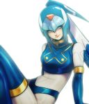  1girl absurdres android blue_eyes blue_hair bodysuit boots breasts dew_borb elbow_gloves gloves helmet highres leviathan_(rockman) looking_at_viewer robot rockman rockman_zero simple_background sitting smile solo thigh_boots thighhighs white_background 