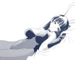 1girl bangs bed_sheet blush breasts closed_mouth commentary_request dutch_angle fishnet_legwear fishnets frown girls_und_panzer gloves greyscale half-closed_eyes highleg highleg_leotard large_breasts leotard long_hair looking_at_viewer lying monochrome neck_ribbon nishizumi_shiho on_back on_bed pantyhose partial_commentary playboy_bunny ribbon solo strapless strapless_leotard yoyokkun 