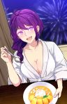  1girl :d antenna_hair bangs bathrobe beifeng_han blush breasts cleavage collarbone curtains dish earrings fireworks food glowing glowing_eyes hair_over_shoulder highres holding holding_spoon indoors jewelry large_breasts looking_at_viewer miyaura_sanshio night no_bra open_mouth original purple_eyes purple_hair sidelocks smile solo spoon table upper_teeth wide_sleeves window 