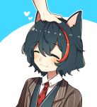  1boy ^_^ animal_ears black_hair blush closed_eyes closed_mouth dog_boy dog_ears english_commentary formal indie_virtual_youtuber male_focus merry_(vtuber) monomogi multicolored_hair necktie petting red_hair shirt smile solo_focus streaked_hair suit upper_body vest virtual_youtuber 