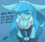  2020 anthro armwear bent_over blasticussaturn blue_eyes breasts cleavage clothed clothing dialogue eeveelution elbow_gloves english_text female glaceon gloves handwear hi_res legwear looking_at_viewer meme nintendo open_mouth pok&eacute;mon pok&eacute;mon_(species) simple_background solo talking_to_viewer text thick_thighs thigh_highs video_games 