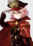  1girl absurdres alternate_costume belt black_belt black_headwear black_jacket blonde_hair cape cosplay family_crest fate/grand_order fate_(series) hat highres jacket long_sleeves military military_hat military_uniform nida_keita oda_nobunaga_(fate) oda_nobunaga_(fate)_(all) oda_nobunaga_(fate)_(cosplay) oda_uri okita_souji_(fate) okita_souji_(fate)_(all) peaked_cap red_cape smile solo uniform upper_body yellow_eyes 