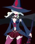  1girl black_background black_cape blonde_hair blue_eyes blue_headwear blue_sleeves breasts cape choker cleavage closed_mouth collarbone cowboy_shot curly_hair detached_sleeves diana_cavendish frown hat hat_over_one_eye holding holding_staff little_witch_academia long_hair long_sleeves looking_at_viewer medium_breasts midriff miniskirt navel pink_legwear pleated_skirt red_choker red_skirt satochi_(twitter) skirt sleeves_past_wrists solo staff standing stomach strapless thighhighs witch witch_hat zettai_ryouiki 