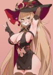  1girl black_gloves blonde_hair blush bra bra_peek bra_strap breasts clothing_cutout eyebrows_visible_through_hair fang fang_out gloves hair_between_eyes hat large_breasts long_hair looking_at_viewer navel navel_cutout nijisanji nui_sociere partially_fingerless_gloves red_bra seinen skin_fang smile solo thighhighs torn_clothes torn_hat underwear v virtual_youtuber witch witch_hat yellow_eyes 