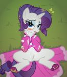 blush clothed clothing dress equid equine female feral friendship_is_magic genitals horn kajio looking_at_viewer lying mammal my_little_pony on_back pussy rarity_(mlp) solo unicorn 