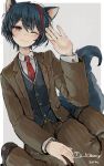  1boy absurdres animal_ears black_hair blush closed_eyes closed_mouth dog_boy dog_ears dog_tail dutch_angle ebimomo formal hand_up head_tilt highres indie_virtual_youtuber light_smile male_focus merry_(vtuber) multicolored_hair necktie one_eye_closed petting red_eyes red_hair shirt sitting solo_focus streaked_hair suit tail upper_body vest virtual_youtuber wariza 
