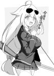 1girl ahoge aviator_sunglasses blazer blush breasts commentary_request cowboy_shot eyebrows_visible_through_hair eyewear_on_head girls_frontline greyscale gun hair_between_eyes highres huge_breasts jacket long_hair low-tied_long_hair m1918_bar m1918_bar_(girls_frontline) machine_gun mg6_koyakezm monochrome necktie open_mouth simple_background solo sunglasses sweat thighhighs translation_request very_long_hair weapon white_background 