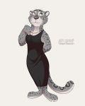  2020 anthro barefoot bracelet clothing disney dress fabienne_growley felid female full-length_portrait fur grey_body grey_fur hi_res jewelry leopard_spots mammal pantherine portrait simple_background smile snow_leopard solo spots spotted_body spotted_fur standing tommysamash whiskers zootopia 