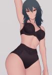  1girl absurdres arm_behind_back arm_up armpits bangs bare_arms biriyb black_bow black_bra black_panties blue_eyes blue_hair bow bow_panties bra breasts byleth_(fire_emblem) byleth_(fire_emblem)_(female) eyebrows_visible_through_hair fire_emblem fire_emblem:_three_houses floral_print grey_background hair_between_eyes highres long_hair looking_at_viewer medium_breasts panties simple_background solo thick_thighs thighs underwear 
