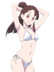  1girl armpits arms_behind_head arms_up asymmetrical_bangs bangs bikini breasts brown_hair cleavage closed_mouth collarbone cowboy_shot eyebrows_visible_through_hair floating_hair groin halterneck kagari_atsuko little_witch_academia long_hair looking_at_viewer navel ponytail red_eyes satochi_(twitter) side-tie_bikini simple_background small_breasts smile solo standing swimsuit white_background white_bikini 