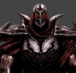  1boy armor breastplate cropped face glowing glowing_eyes grey_background helm helmet highres league_of_legends male_focus mask muscle ninja pauldrons red_eyes scratches seung_eun_kim shoulder_armor shuriken simple_background solo torn torn_clothes upper_body veins weapon weapon_on_back zed_(league_of_legends) 