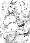  2girls alternate_costume breasts cleavage commentary_request eel fingernails gloves greyscale hairband kantai_collection large_breasts long_hair midriff monochrome multiple_girls navel nelson_(kantai_collection) open_mouth pleated_skirt race_queen ryuujou_(kantai_collection) skirt sweat traditional_media translation_request tsunemi_aosa twintails visor_cap 