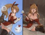 1girl black_legwear blurry blurry_foreground boots bow breasts brown_eyes brown_hair cleavage clipboard commission depth_of_field detached_collar detached_sleeves dress feeding granblue_fantasy hair_between_eyes hair_bow highres indoors knee_boots large_breasts long_hair multiple_views n9+ on_bed open_mouth outdoors ponytail sideboob sidelocks sitting skeb_commission solo_focus spoon strapless strapless_dress thighhighs vira_lilie 