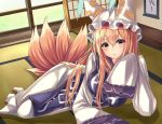  1girl :o absurdres alternate_hair_length alternate_hairstyle arm_support arm_up blonde_hair blush breasts commentary dress eyebrows_visible_through_hair fox_tail hair_between_eyes hanging_scroll hat highres kure:kuroha large_breasts long_hair looking_at_viewer lying multiple_tails on_floor on_side pillow_hat scroll sleeves_past_fingers sleeves_past_wrists sliding_doors solo tabard tabi tail tatami touhou very_long_hair white_dress white_legwear yakumo_ran yellow_eyes 