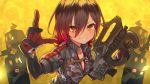  1girl android apex_legends blush breasts brown_hair camouflage camouflage_jacket cleavage commentary eyebrows_visible_through_hair gradient_hair grey_jacket grin gun hair_between_eyes highres holding holding_gun holding_weapon hololive jacket looking_at_viewer mechanical_arm medium_breasts multicolored_hair nosir_onadat orange_eyes prowler_smg red_hair roboco-san robosaa_(roboco) short_hair simple_background smile solo two-tone_hair upper_body virtual_youtuber weapon yellow_background 