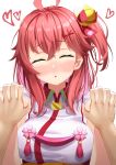  absurdres ahoge breasts closed_eyes commentary_request embarrassed glasses hair_between_eyes hair_ornament highres holding_hands hololive incoming_kiss large_breasts looking_at_viewer pink_hair portrait pov pov_hands sakura_miko side_ponytail starkamisan virtual_youtuber white_background 