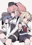  3girls :3 akatsuki_(kantai_collection) anchor_symbol atlanta_(kantai_collection) black_gloves black_headwear black_ribbon black_serafuku black_skirt blonde_hair blush brown_hair buttons eyebrows_visible_through_hair fingerless_gloves flat_cap garrison_cap gloves grey_background grey_eyes hair_between_eyes hair_flaps hair_ribbon hat high-waist_skirt kantai_collection long_hair long_sleeves monaka_ooji multiple_girls neckerchief pleated_skirt purple_eyes purple_hair red_eyes red_neckwear remodel_(kantai_collection) ribbon scarf school_uniform serafuku shirt short_sleeves simple_background skirt smile suspender_skirt suspenders two_side_up v-shaped_eyebrows white_gloves white_scarf white_shirt yuudachi_(kantai_collection) 