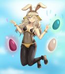  1girl absurdres animal_ears blonde_hair blue_eyes bracelet breasts bunny_ears cleavage egg fire_emblem fire_emblem_fates fire_emblem_heroes hair_ornament highres jewelry jumping long_hair looking_at_viewer one_eye_closed ophelia_(fire_emblem) simple_background smile solo zipperqr 