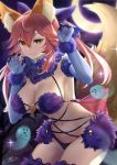  1girl animal_ear_fluff animal_ears bangs bare_shoulders blush breasts cleavage cosplay dangerous_beast elbow_gloves fate/extra fate/grand_order fate_(series) fox_ears fox_girl fox_tail fur-trimmed_gloves fur-trimmed_legwear fur_collar fur_trim gakuon_(gakuto) gloves halloween_costume lace-trimmed_legwear lace_trim large_breasts long_hair looking_at_viewer mash_kyrielight mash_kyrielight_(cosplay) navel o-ring pink_hair purple_gloves purple_legwear revealing_clothes tail tamamo_(fate)_(all) tamamo_no_mae_(fate) yellow_eyes 