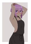  1girl apron arms_up bangs bare_shoulders blush breasts closed_mouth commentary commentary_request dark_skin eyebrows_visible_through_hair fate_(series) hassan_of_serenity_(fate) highres i.u.y looking_at_viewer naked_apron purple_eyes purple_hair short_hair smile solo two-tone_background 