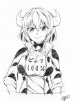  1girl absurdres bell bell_choker blush breasts choker collarbone cow_girl cow_horns eyebrows_visible_through_hair greyscale hair_between_eyes highres horns jacket jashin-chan_dropkick large_breasts looking_at_viewer minos_(jashin-chan_dropkick) monochrome short_hair signature sleeves_rolled_up smile solo upper_body yyuki317 