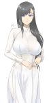  1girl bangs black_hair blue_eyes bra bra_through_clothes breasts burn_the_witch cleavage closed_mouth dress hair_ornament hair_over_shoulder hairclip highres large_breasts long_dress long_hair mitsugu niihashi_noel pants parted_bangs see-through side_slit underwear white_background white_bra white_dress white_pants 