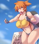  1girl alternate_breast_size backpack bag breasts cloud condom condom_in_mouth condom_wrapper denim denim_shorts gym_leader hitchhiking konno_tohiro large_breasts long_hair looking_at_viewer misty_(pokemon) mouth_hold naughty_face navel orange_hair outdoors pokemon pokemon_(anime) pokemon_(classic_anime) shiny shiny_hair shiny_skin shirt shorts side_ponytail sky sleeveless sleeveless_shirt solo standing thumbs_up yellow_shirt 