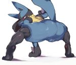  2020 anthro arm_support butt canid canine crouching digital_media_(artwork) dodudoru female genitals hi_res lucario mammal nintendo pok&eacute;mon pok&eacute;mon_(species) pussy red_eyes shadow simple_background solo spread_legs spreading three-quarter_view video_games white_background 