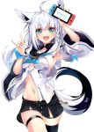  animal_ear_fluff animal_ears aqua_eyes fox_ears fox_girl fox_shadow_puppet fox_tail hair_ornament hairclip hololive hololive_gamers long_hair midriff navel nintendo_switch shirakami_fubuki shirokitsune shorts tail virtual_youtuber white_hair 