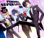  2019 3boys absurdres amamiya_ren arm_behind_back arm_up asymmetrical_bangs bangs black_eyes black_footwear black_hair black_jacket black_neckwear black_pants black_suit blue_eyes blue_gloves blue_hair bow bowtie closed_mouth commentary_request cowboy_shot dress_shirt english_text formal full_body glasses gloves grey_eyes grey_hair hair_between_eyes hair_over_one_eye hand_up hat highres holding holding_clothes holding_eyewear holding_hat holding_scepter jacket leg_up long_sleeves male_focus multiple_boys narukami_yuu pants persona persona_3 persona_4 persona_5 profile red_gloves scepter shirt shoes short_hair smile standing top_hat tsurime white_shirt yellow_gloves yuu_(isis7796) yuuki_makoto 