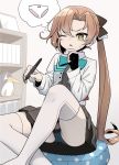  1girl akigumo_(kantai_collection) aqua_bow aqua_neckwear black_gloves blue_panties bow bowtie brown_hair dress gloves green_eyes grey_dress holding holding_stylus imagining kantai_collection long_hair long_sleeves mole mole_under_eye monaka_ooji one_eye_closed open_mouth panties partially_fingerless_gloves pleated_dress ponytail remodel_(kantai_collection) single_glove solo stylus thighhighs underwear white_legwear white_panties 