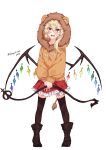  1girl absurdres animal_ears bangs blonde_hair blush boots eyebrows_visible_through_hair eyes_visible_through_hair fang fingernails flandre_scarlet frilled_skirt frills full_body fur_trim hair_between_eyes highres himajinsan0401 hood hoodie lion_ears lion_tail medium_hair open_mouth parka red_eyes red_nails sharp_fingernails side_ponytail skirt solo tail teeth thighhighs touhou twitter_username white_background wings zettai_ryouiki 