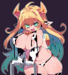  1girl animal_ears animal_print areolae bikini black_background blonde_hair blush breasts cow_ears cow_girl cow_horns cow_print elbow_gloves elven_forest_maker eyebrows_visible_through_hair gloves green_eyes green_hair highres horns lactation large_breasts last_origin long_hair looking_at_viewer multicolored_hair open_mouth simple_background smile solo sweat swimsuit thighhighs two-tone_hair zankuro 