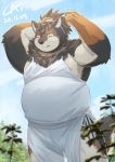  2020 anthro belly bernese_mountain_dog black_body black_fur brown_body brown_fur cai1448331577 canid canine canis clothed clothing domestic_dog eyes_closed fur hi_res kemono male mammal molosser mountain_dog outside overweight overweight_male solo swiss_mountain_dog white_body white_fur 