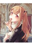  1girl black_jacket bow brown_eyes brown_hair eyebrows_visible_through_hair finger_to_mouth girls_frontline hair_bow hair_ornament highres jacket long_hair looking_at_viewer nail_polish open_mouth sakana-ko scarf solo twintails ump9_(girls_frontline) white_scarf 