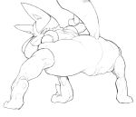  2020 anthro arm_support butt canid canine crouching digital_media_(artwork) dodudoru female genitals hi_res lucario mammal monochrome nintendo pok&eacute;mon pok&eacute;mon_(species) pussy simple_background solo spread_legs spreading three-quarter_view video_games white_background 